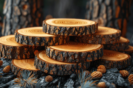 Pile of cutted tree trunks with pine cones on dark backgroundの素材
