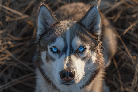 Portrait of a beautiful Siberian Husky dog with blue eyes.の素材