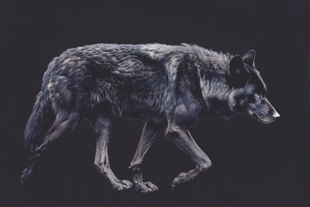 Grey wolf on a black background, digital painting, 3d illustrationの素材