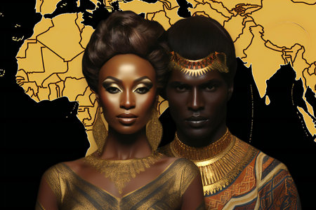 3D rendering of a pair of african american and asian women on a map backgroundの素材