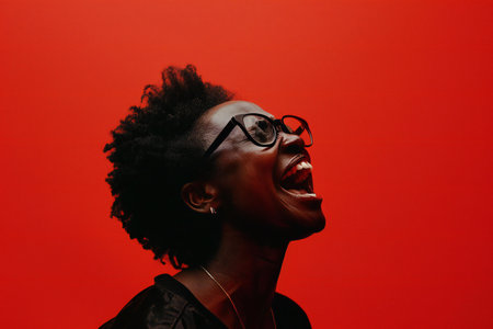 Portrait of a happy young african american woman laughing isolated over red backgroundの素材