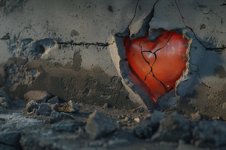 Broken red heart on a brick wall. Concept of broken heart.の素材