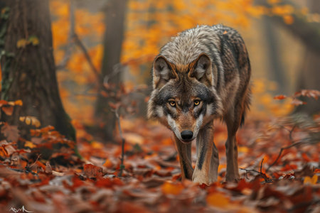 Grey wolf (Canis lupus) in the autumn forestの素材