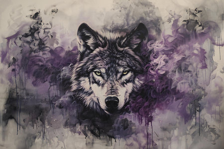 Watercolor painting of a wolf with purple and violet splashes.の素材