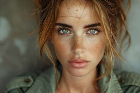 Close-up portrait of a beautiful young woman with frecklesの素材