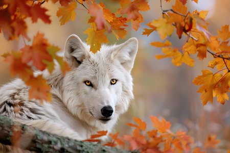 Portrait of a white wolf in the autumn forest with yellow leavesの素材