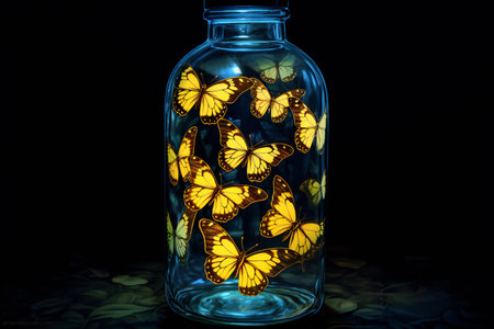 Butterflies in a glass bottle on a black background. Toned.の素材