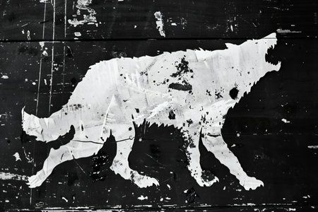 White silhouette of a dog on a black painted wooden wall. Abstract backgroundの素材
