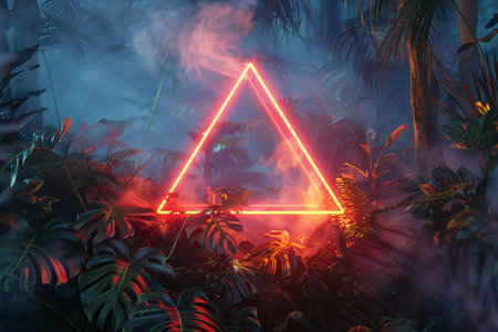 Futuristic neon sign. Glowing red triangle on dark background.の素材