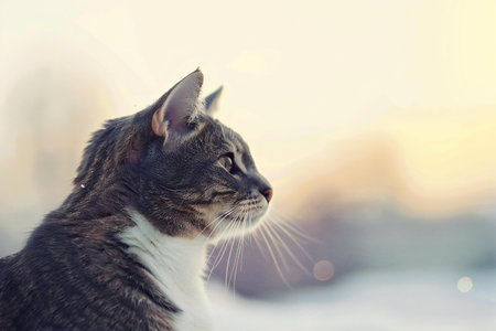 Cute tabby cat looking out the window on a sunny winter dayの素材