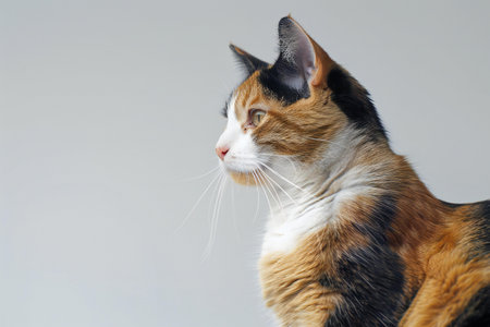 Tricolor cat on a gray background. Shallow depth of fieldの素材