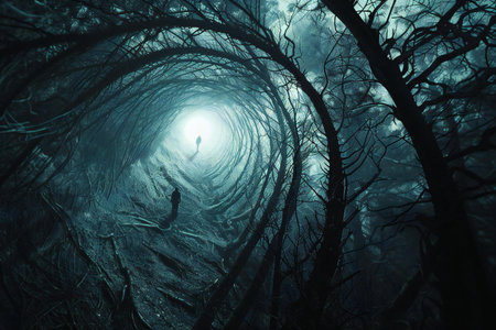 Man walking through a tunnel of trees in the rainforest. Halloween conceptの素材
