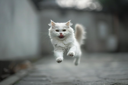 Cute white persian cat running in the street, selective focusの素材