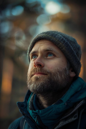 Portrait of a bearded man in the forest at sunset. Close-up.の素材