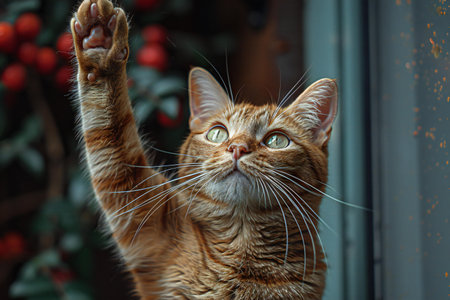 ginger cat with green eyes raised his paw up on the windowの素材
