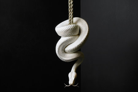 White snake hanging on a rope on a black background, vertical photoの素材