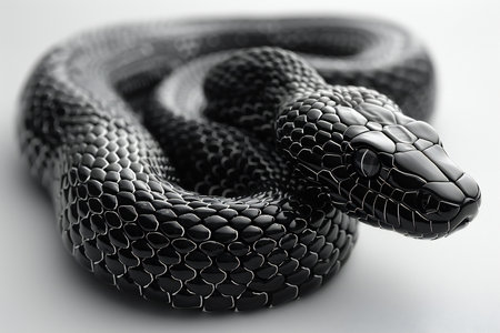 Black snake on a white background. Close-up, macro.の素材