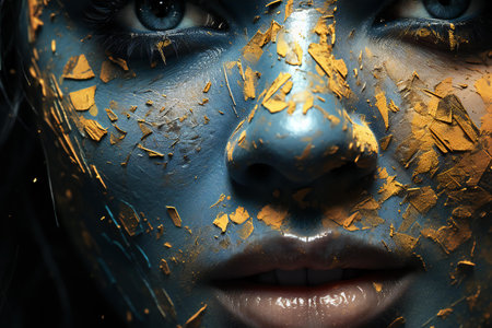 Portrait of a beautiful woman with blue paint on her face.の素材