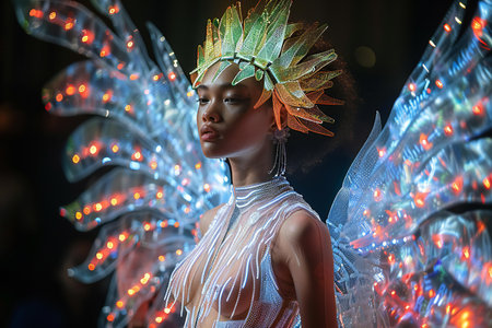 Fashion model wearing wedding dress made of feathers at the european fashion show in Zagreb, Croatia.の素材