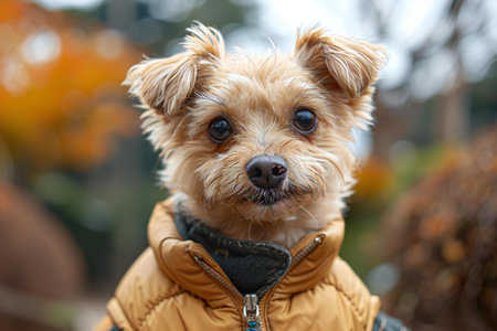 Portrait of a cute Yorkshire Terrier dog in the autumn parkの素材