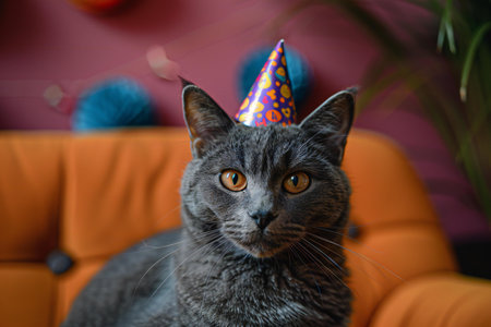 Gray cat in a birthday hat sits on an orange armchair.の素材