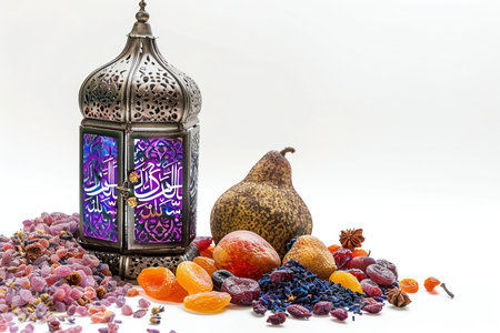 Ramadan Kareem, Ramadan lantern with dried fruits on white backgroundの素材