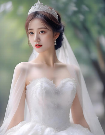 beautiful asian bride in white wedding dress with bridal veilの素材