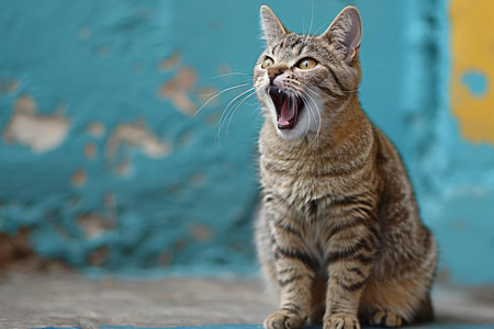 Cute tabby cat yawning on blue wall background, closeupの素材