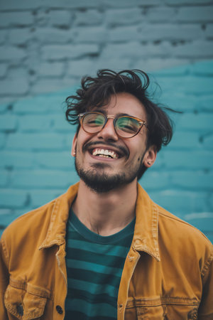 young handsome bearded hipster man in yellow jacket and eyeglassesの素材