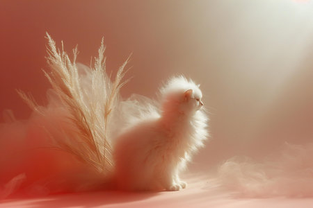 White fluffy cat with fluffy tail on a background of a soft lightの素材