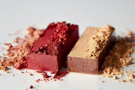 Crushed eyeshadow palette on white background. Selective focus.の素材