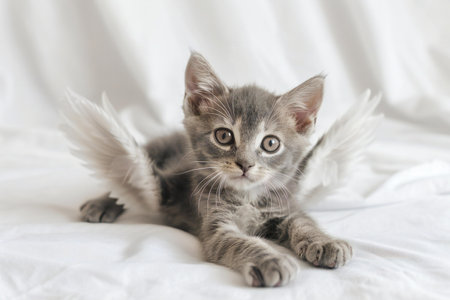 Cute little gray kitten lying on the bed and looking at cameraの素材