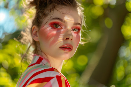 Portrait of a cute little girl with bright makeup in the parkの素材