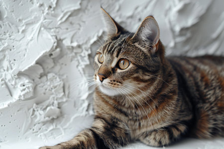 Cute tabby cat lying on white wall, closeup viewの素材