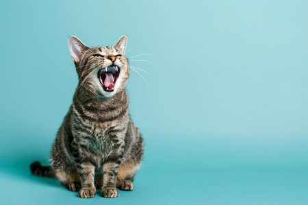 Studio shot of a cute tabby cat sitting on blue background.の素材