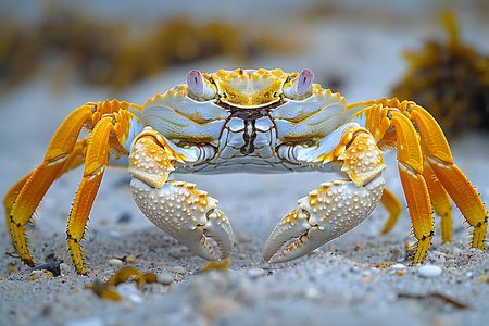 Close-up of a yellow crab on the beach in the wildの素材