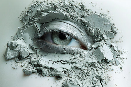 Eye of a girl with make-up powder on a white backgroundの素材