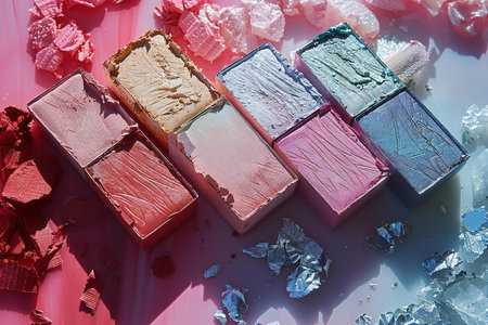 Colorful crushed eyeshadow palette on pink background. Top view.の素材