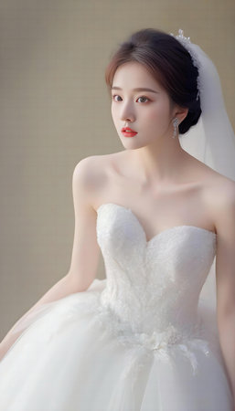 Portrait of asian beautiful bride with white wedding dress in studioの素材