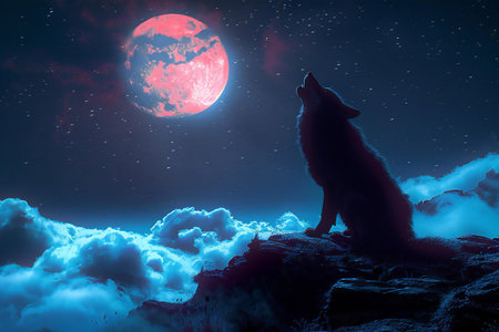 Wolf howling at the full moon in the night sky. 3D renderingの素材