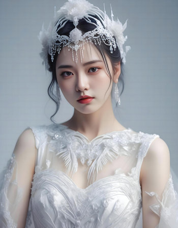 beautiful asian woman in white wedding dress with snowflakesの素材