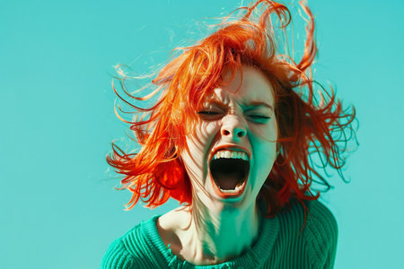 Portrait of screaming young woman with red hair on blue background.の素材