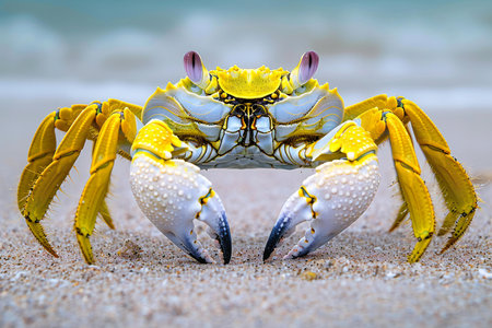 Close up of a yellow crab on a sandy beach in Seychellesの素材