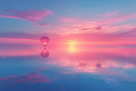 Hot air balloon at sunset with reflection in water. 3d renderの素材