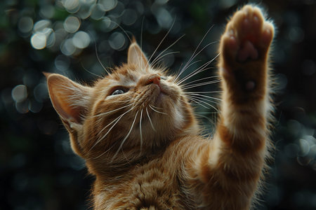 Cute ginger cat looking up to the sky. Selective focus.の素材