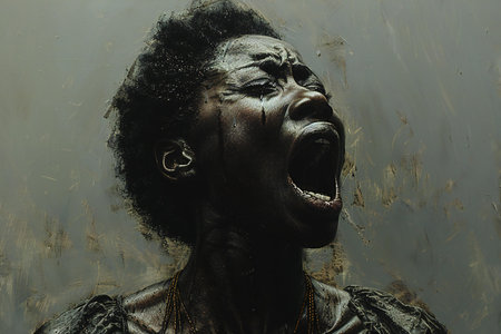Screaming african american man with black skin. Studio shot.の素材