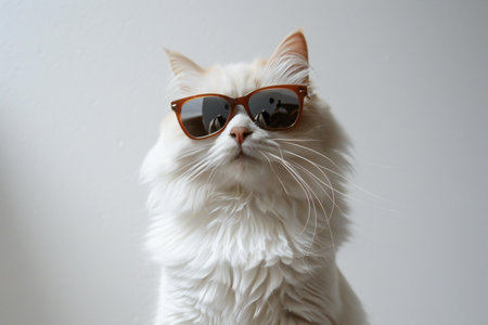 Portrait of a white persian cat wearing sunglasses on white backgroundの素材