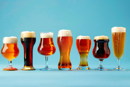 Many different types of beer in glasses on a blue background with copy spaceの素材