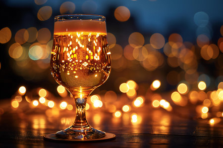 Glass of champagne with bokeh lights on background. Christmas and New Year conceptの素材