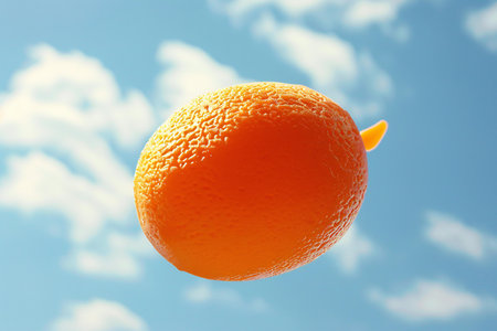 Orange floating in the blue sky. 3D illustration. 3D rendering.の素材